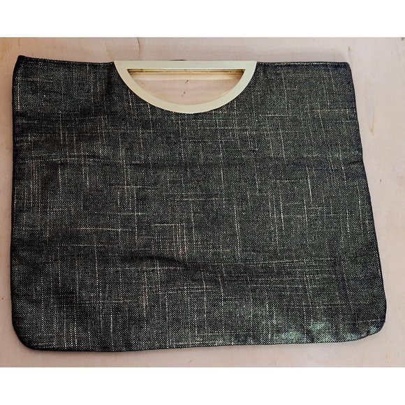 Style and Co Evening Bag Flat Black Gold Magnetic Close Handles 13 x 10.5 Inches - Picture 1 of 8